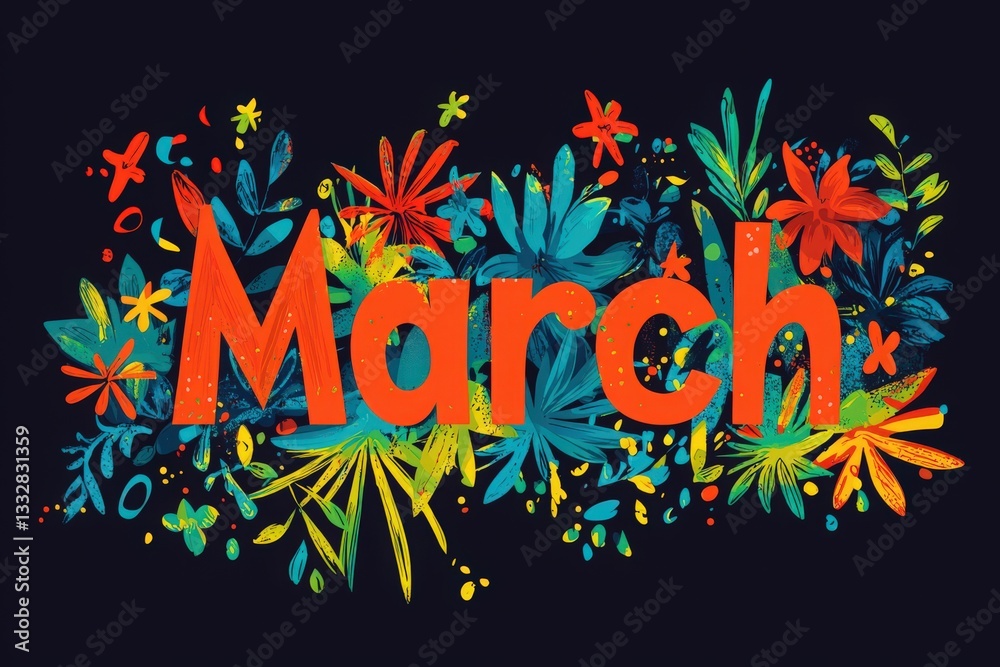 Colorful flowers surround the word March, celebrating the arrival of spring. The bright colors and playful design highlight the seasons fresh and lively spirit, inviting joy and renewal.