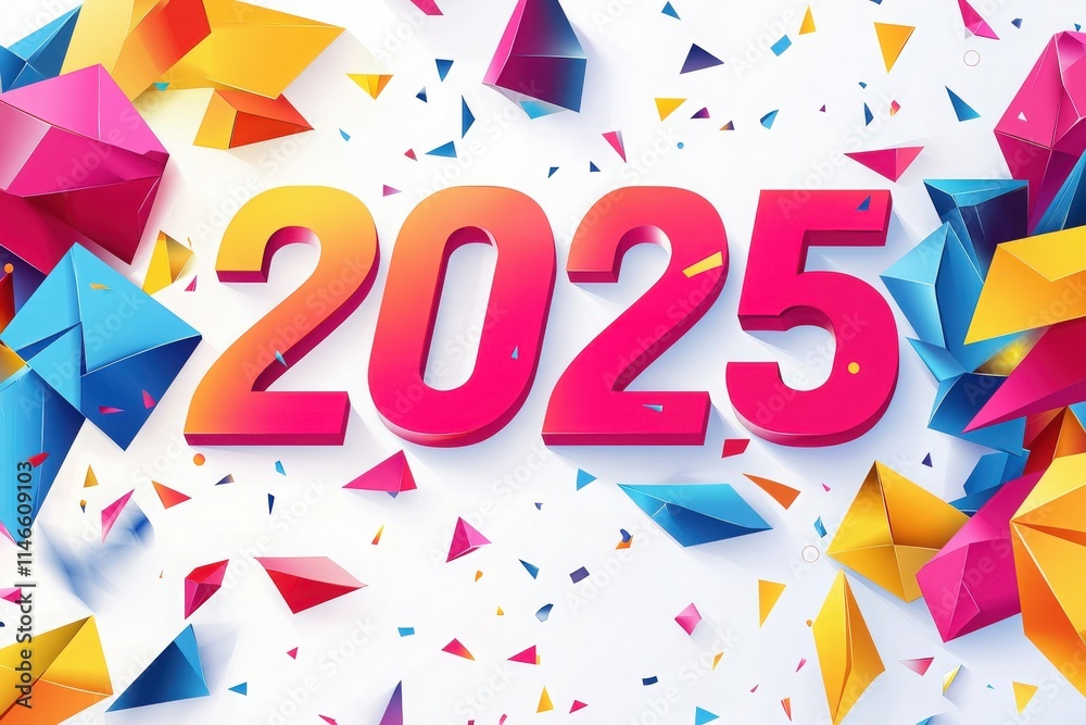 Colorful geometric shapes surround bold numbers representing the year 2025, creating a festive and energetic atmosphere perfect for new year celebrations and events.