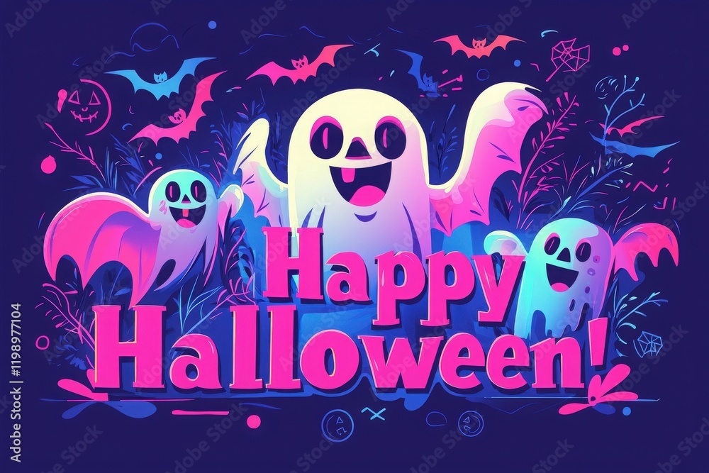Colorful ghosts with expressive faces celebrate Halloween surrounded by bats and playful decorations. The vibrant scene captures the festive spirit of the holiday, evoking excitement and fun.