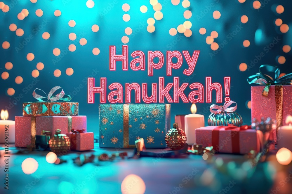 Colorful gifts and candles create a warm ambiance for Hanukkah celebrations. The space is adorned with twinkling lights, enhancing the joyful spirit of the holiday season.