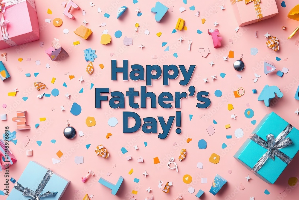 Colorful gifts and festive decorations are spread out on a pink surface, celebrating Fathers Day.