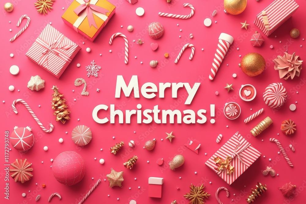 Colorful gifts, ornaments, and candy canes are arranged artistically across a pink background, creating a joyful and festive atmosphere for Christmas celebrations.