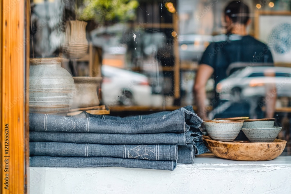 Colorful handmade pottery and textiles are arranged on a table in a shop window. A customer browses inside the store, enjoying the relaxed atmosphere on a sunny afternoon.