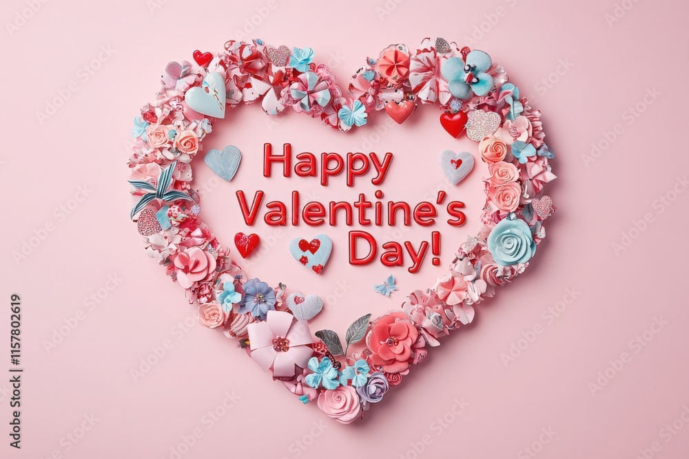 Colorful heart-shaped arrangement decorated with pink and red flowers, hearts, and ribbons conveys a cheerful Valentines Day greeting. Perfect for expressing love and affection.
