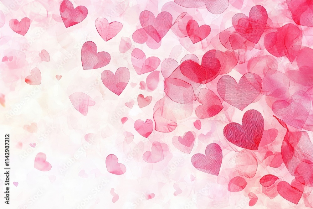 Colorful heart shapes cascade gently in a soft pastel background, creating a romantic atmosphere perfect for a celebration. The setting evokes feelings of love and joy.