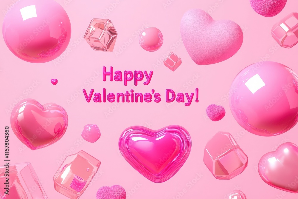 Colorful hearts and decorative shapes float against a pink background, creating a joyful atmosphere for Valentines Day celebrations. The scene is bright and playful, inviting feelings of love.