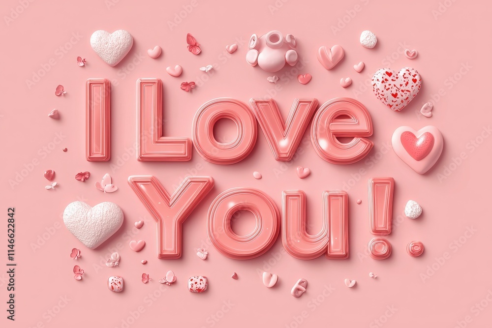 Colorful hearts and sweet symbols are beautifully arranged around the phrase I Love You in soft pink hues, perfect for expressing affection on Valentines Day.