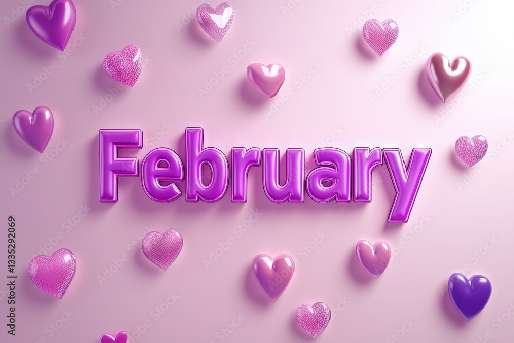 Colorful hearts in various shades of pink surround the bold lettering spelling out February. The arrangement creates a playful and festive atmosphere suitable for celebrating love and friendship.