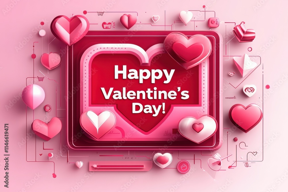 Colorful hearts in various shapes and sizes create a festive backdrop for Valentines Day greetings. This cheerful design uses shades of pink and red to evoke feelings of love and joy.