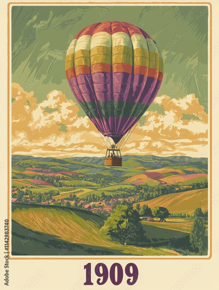 Colorful hot air balloon drifts gracefully above rolling green hills, showcasing vast farmland under a vibrant sky in the year 1909. The scenery reflects a peaceful and historic ambiance.
