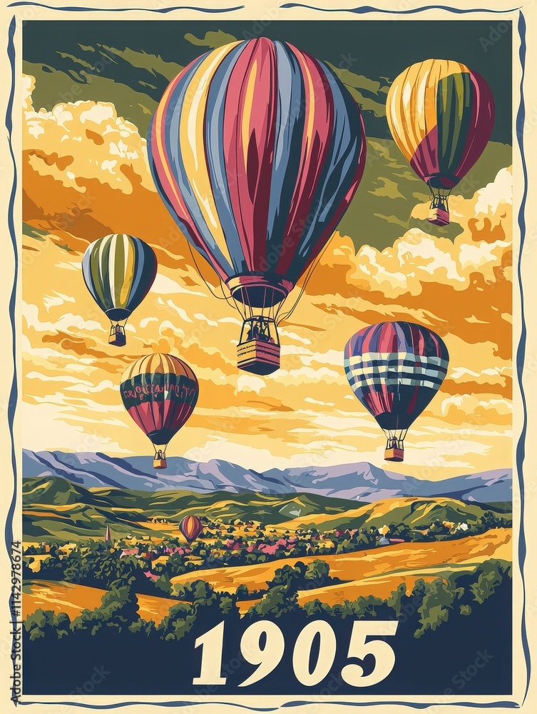 Colorful hot air balloons ascend over a scenic valley during sunset in 1905. The vibrant sky and rolling hills create a serene atmosphere for this nostalgic moment.