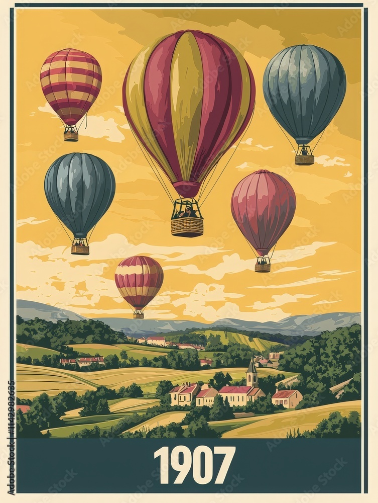Colorful hot air balloons soar gracefully above lush green fields and quaint villages. The image captures a serene moment in a nostalgic, vintage design from 1907.
