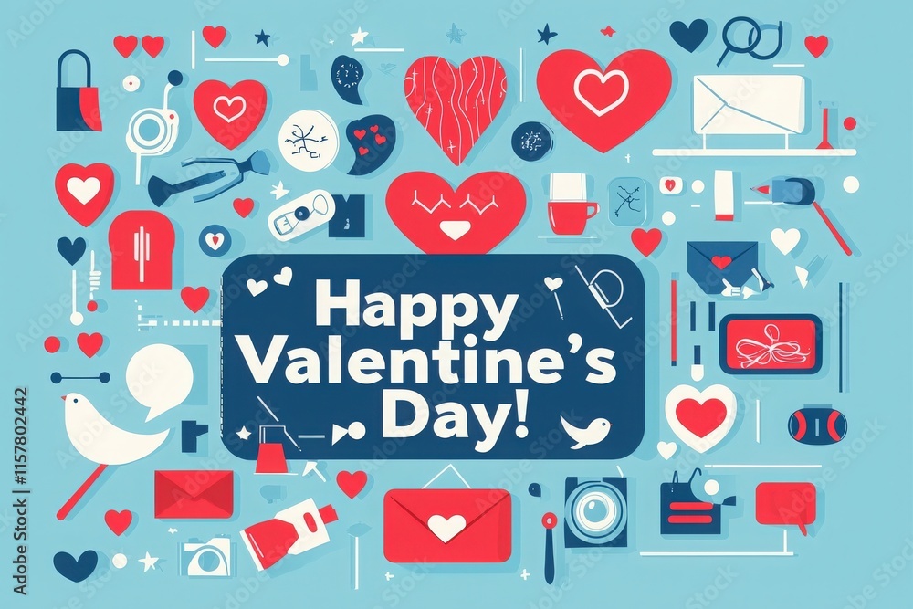 Colorful icons and symbols of love fill the design, creating a joyful atmosphere for Valentines Day. Hearts, gifts, and romantic elements invite people to celebrate their connections.