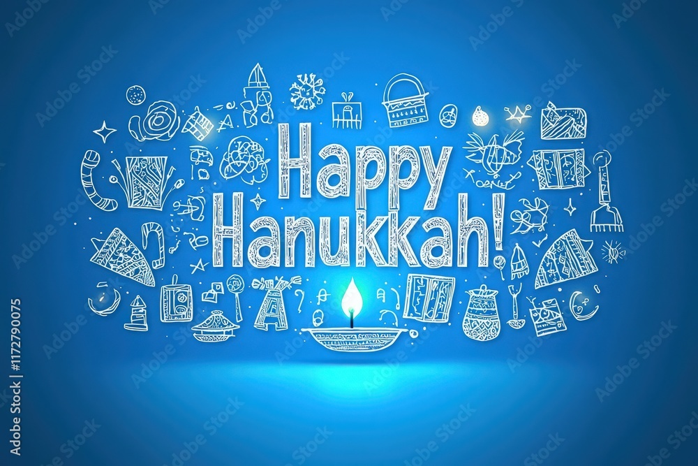 Colorful illustrations celebrate Hanukkah, featuring a menorah, dreidels, and traditional symbols. The cheerful display radiates a joyful atmosphere, capturing the spirit of the holiday.