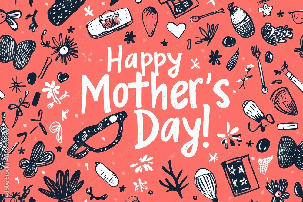 Colorful illustrations surround a warm message celebrating Mothers Day. The design includes flowers, hearts, and various symbols of appreciation, ideal for cards or decorations.