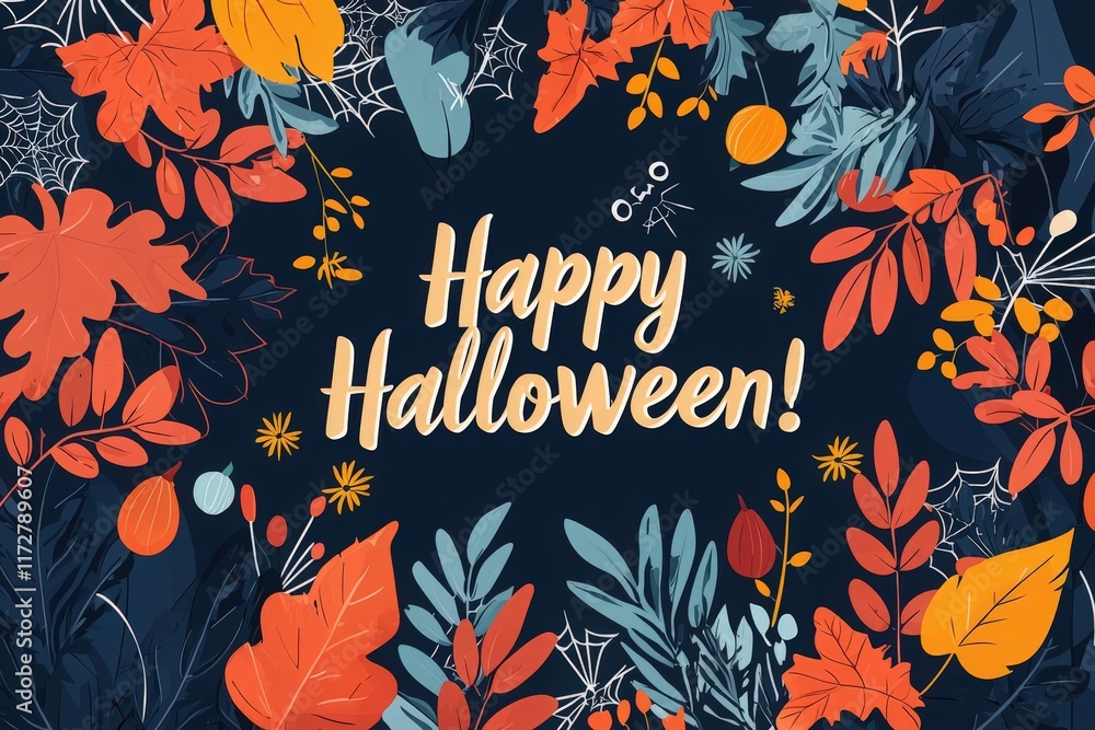Colorful leaves and seasonal decorations surround a cheerful Halloween greeting. The design features intricate patterns of spiders, webs, and pumpkins, creating a festive autumn atmosphere.