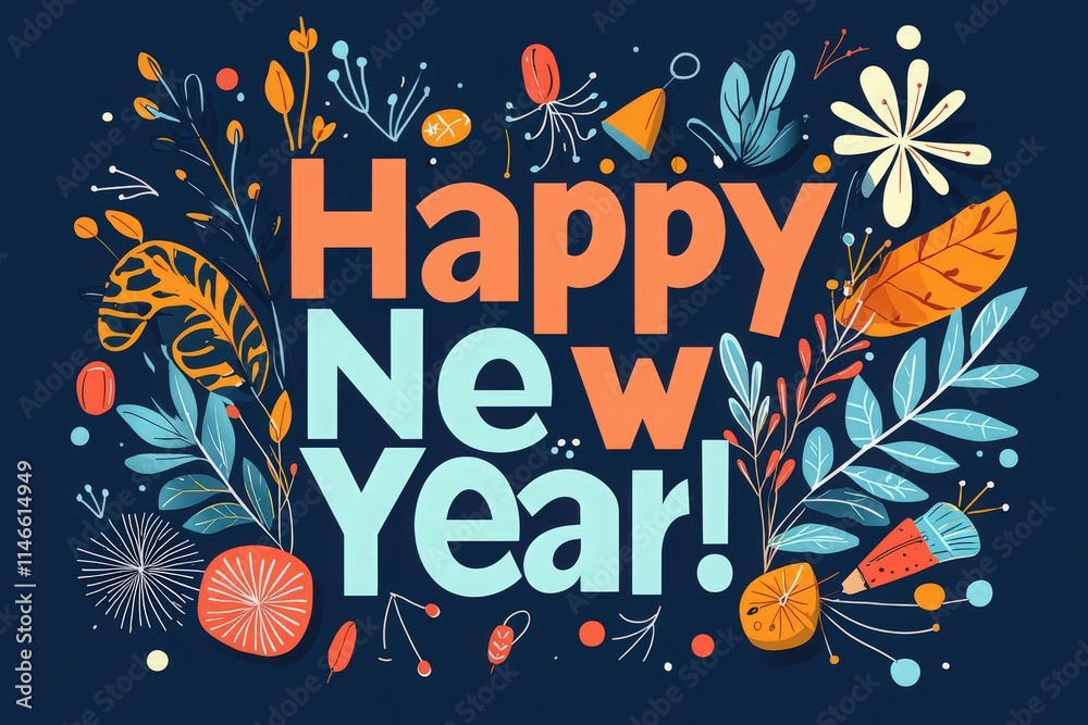 Colorful letters and lively illustrations convey the festive spirit of New Year celebrations, featuring various floral elements and cheerful motifs against a dark background.