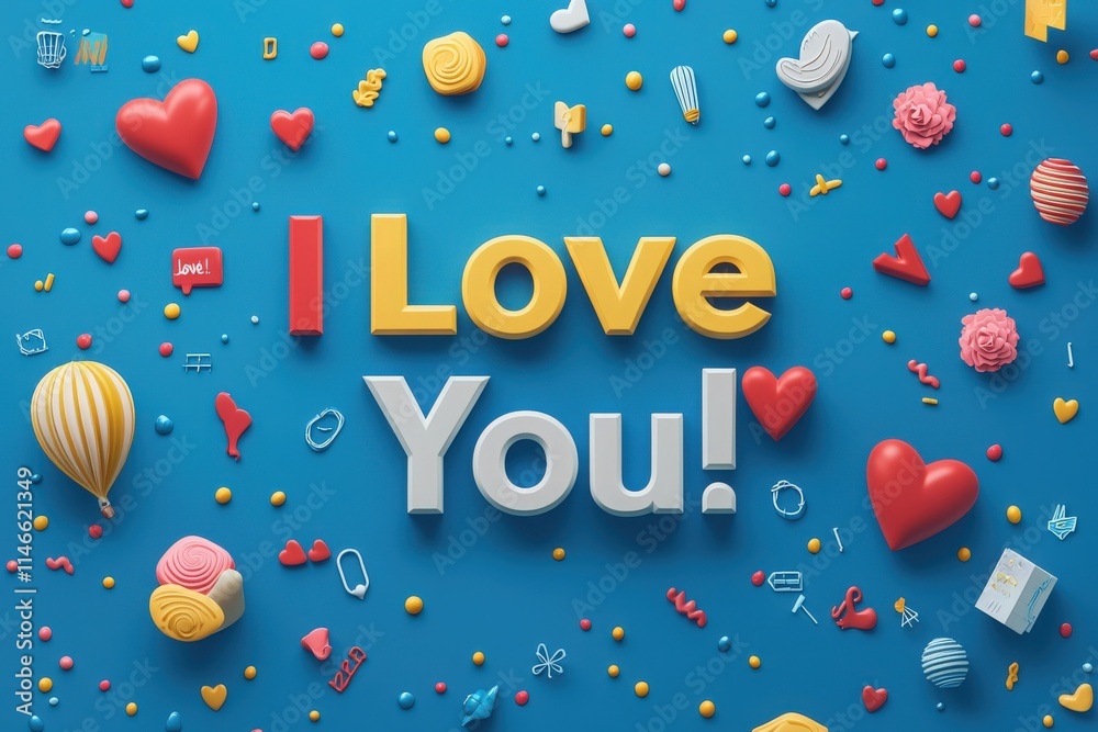Colorful letters say I Love You on a bright blue background, surrounded by playful hearts and balloons, creating a joyful atmosphere perfect for celebrations.