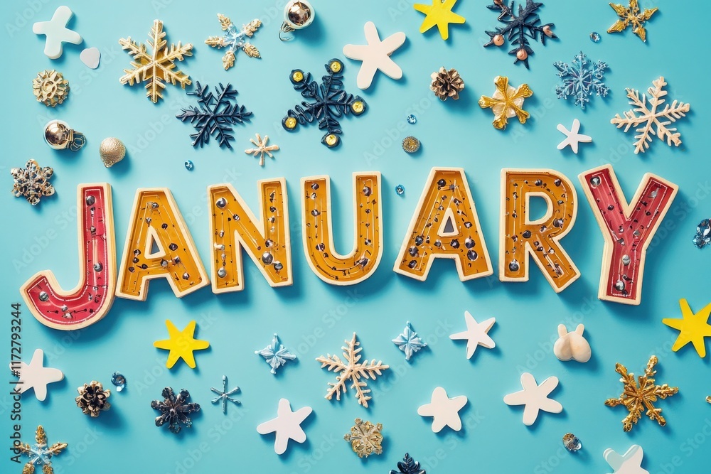 Colorful letters spell out January, surrounded by various snowflakes, stars, and decorative elements on a bright blue background. The vibrant display evokes a cheerful winter atmosphere.