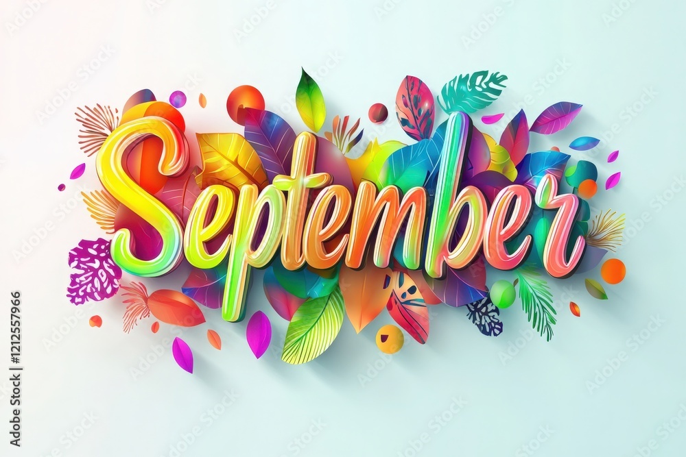 Colorful letters spell out September, surrounded by bright leaves and lively patterns, capturing the essence of autumn and the beauty of nature during this season.