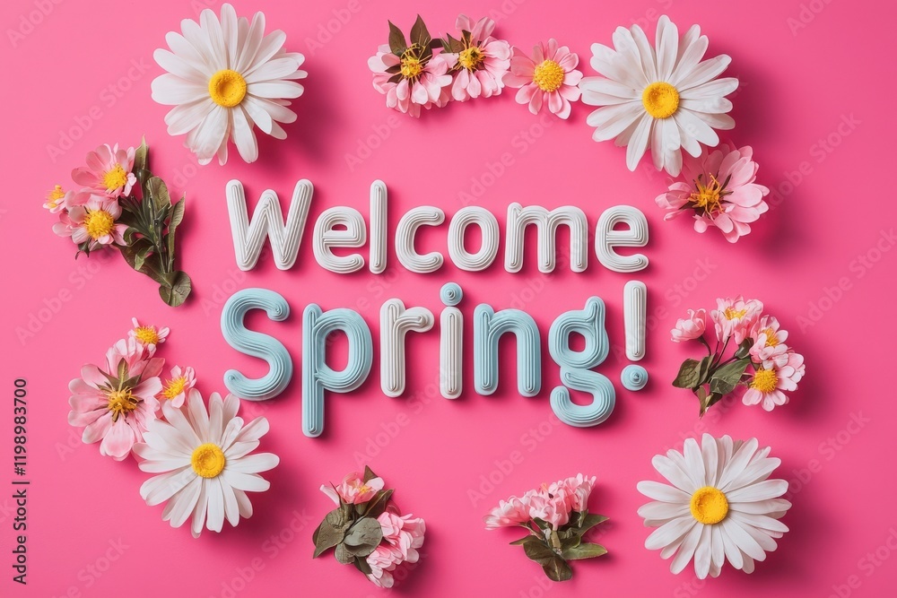 Colorful letters spell out a warm spring greeting surrounded by bright flowers on a pink backdrop, evoking feelings of joy and renewal during the spring season.