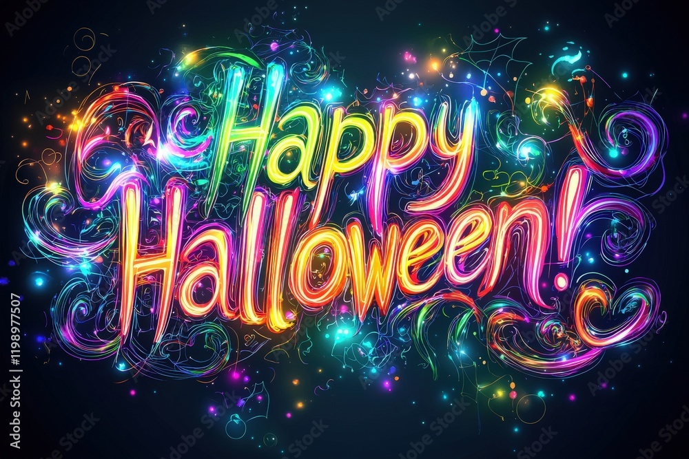 Colorful letters spell out happy Halloween with glowing effects and swirling designs, creating a festive vibe perfect for celebrating the holiday. A dark backdrop enhances the vibrant hues.