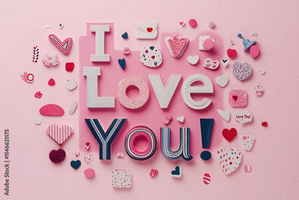 Colorful letters spelling out I Love You are surrounded by various heart shapes and decorations on a soft pink background, creating an inviting and cheerful atmosphere.