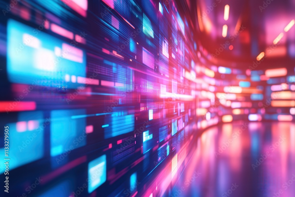 Colorful lights create an abstract backdrop in a modern environment, resembling a digital landscape. The bright hues interact in a mesmerizing display, suggesting advanced technology.