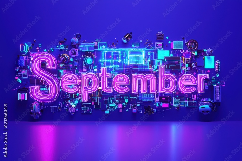 Colorful neon displays the word September against a deep blue backdrop. Surrounding elements include various electronic components, creating a striking modern aesthetic suited for events.