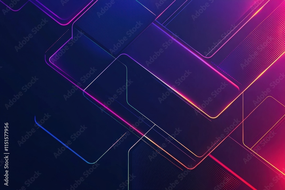 Colorful neon lines and rectangles intersect against a dark backdrop, forming an abstract composition that evokes a modern, digital environment. The vibrant hues suggest creativity and technology.