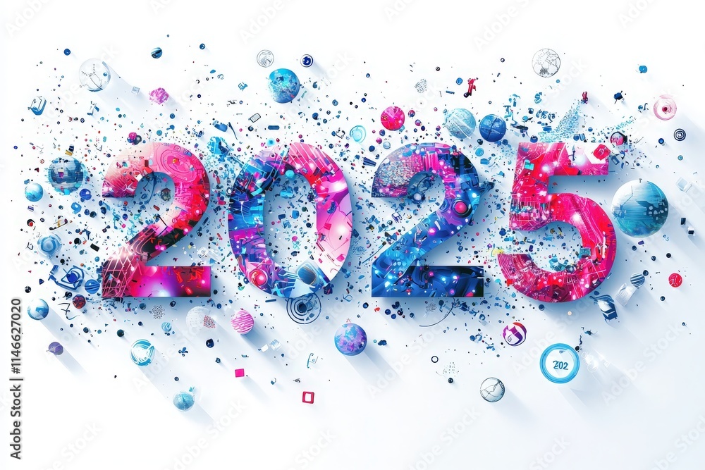 Colorful numbers form the year 2025, surrounded by bright decorations and sparkling confetti, symbolizing celebration and new beginnings for the upcoming year.