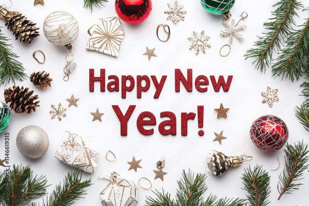 Colorful ornaments, pine branches, and decorative elements surround the bold message of Happy New Year, creating a vibrant and joyful celebration atmosphere.
