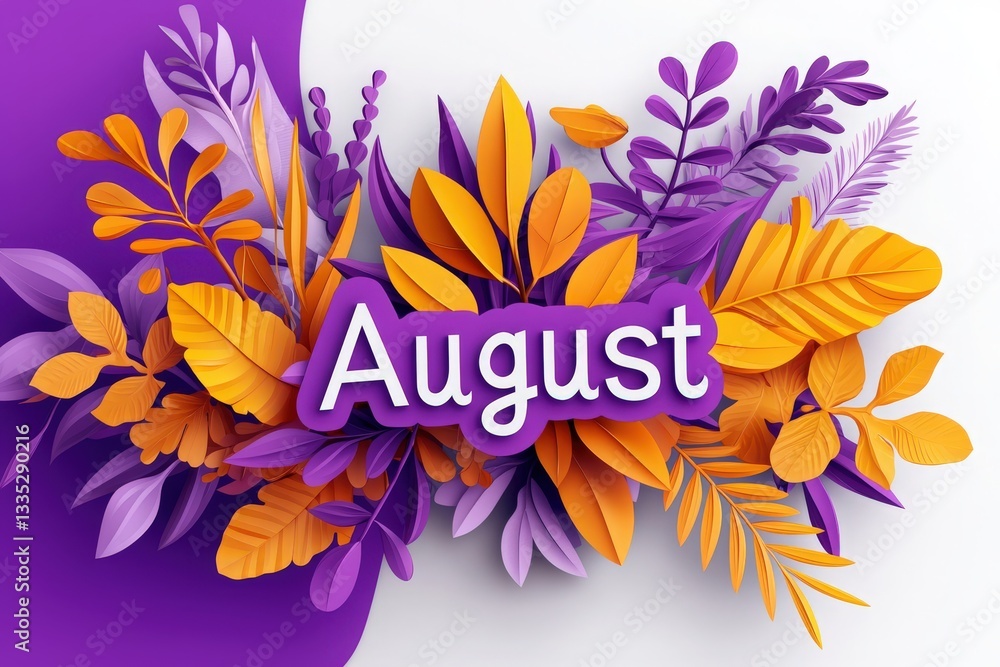 Colorful paper cut leaves in shades of orange, purple, and green surround the word August, creating a lively, artistic display suitable for summer themes or seasonal decorations.