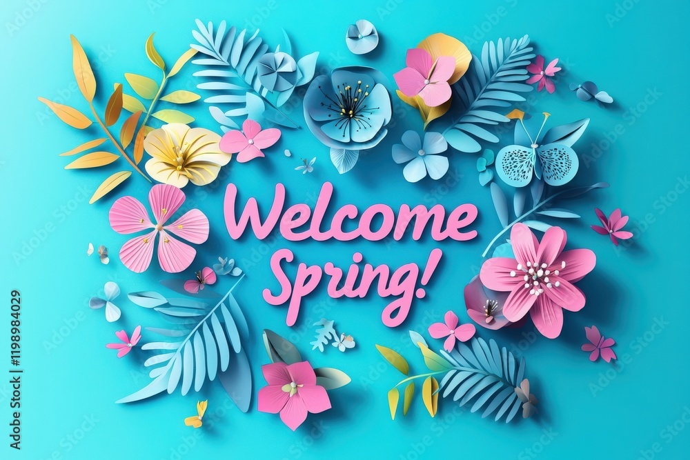 Colorful paper flowers and greenery form a cheerful arrangement, featuring the welcoming phrase. This lively design celebrates the arrival of spring with bright hues and playful shapes.