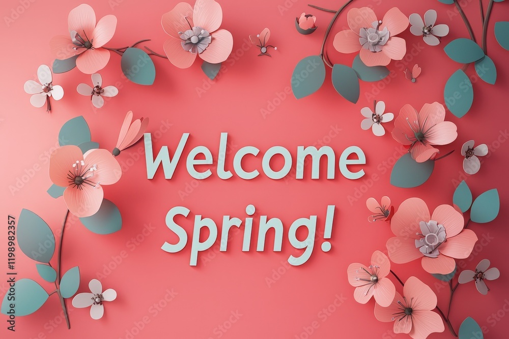 Colorful paper flowers surround a cheerful greeting that welcomes spring against a coral backdrop. The floral design highlights the beauty and joy of the season, inviting a fresh start.
