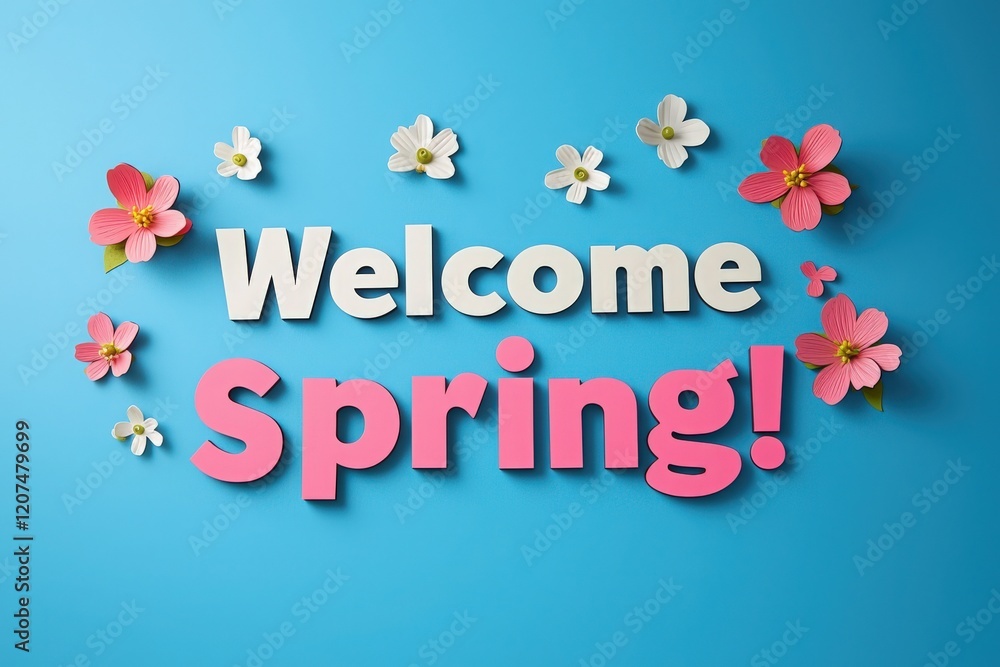 Colorful paper letters spell out welcome spring with vibrant floral designs on a smooth blue backdrop, celebrating the arrival of the spring season.