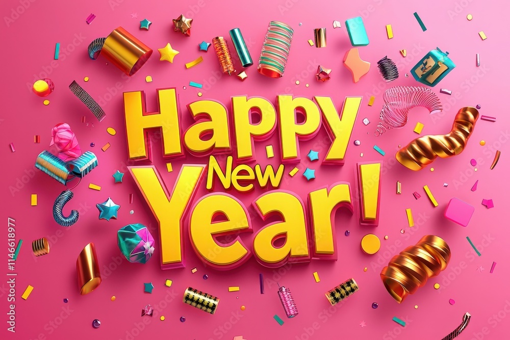 Colorful party decorations fill a pink background, showcasing confetti, streamers, and the cheerful message of Happy New Year, perfect for celebrating the upcoming year with joy.