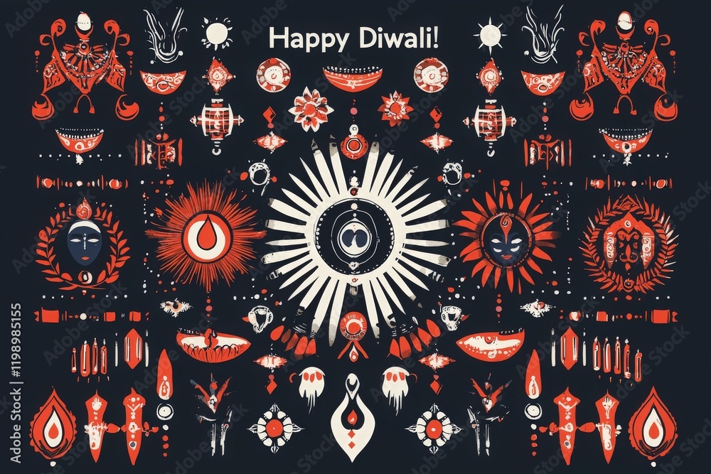 Colorful patterns featuring traditional Diwali symbols like lamps, flowers, and deities are displayed in a vibrant arrangement, capturing the spirit of the festival of lights and celebration.