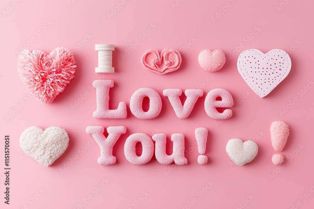 Colorful pink decorations form the phrase I Love You alongside hearts and soft textures, perfect for expressing affection during special occasions or celebrations.