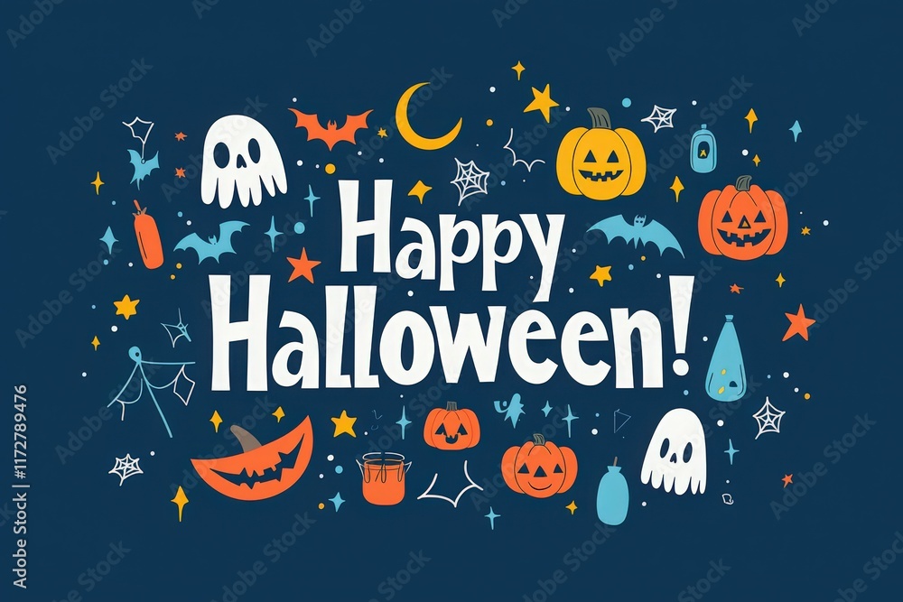 Colorful pumpkins, friendly ghosts, and bats create a lively atmosphere for Halloween celebrations. The cheerful message brings joy to the seasons spooky charm and festivities.