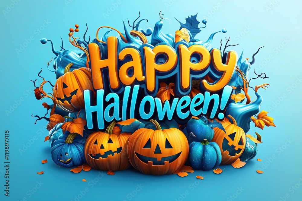 Colorful pumpkins with carved faces are arranged creatively, surrounded by vibrant decorations celebrating Halloween. The festive setting includes playful elements like leaves and blue accents.