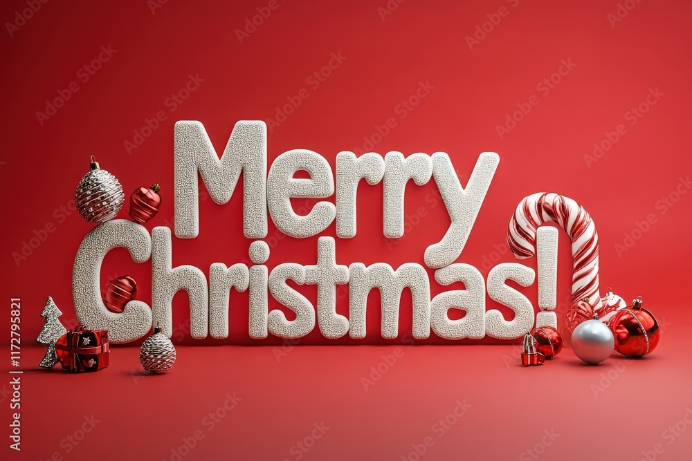 Colorful seasonal decorations include glittery letters wishing merry Christmas, accompanied by ornaments, a candy cane, and gift boxes against a bold red background, creating a festive atmosphere.