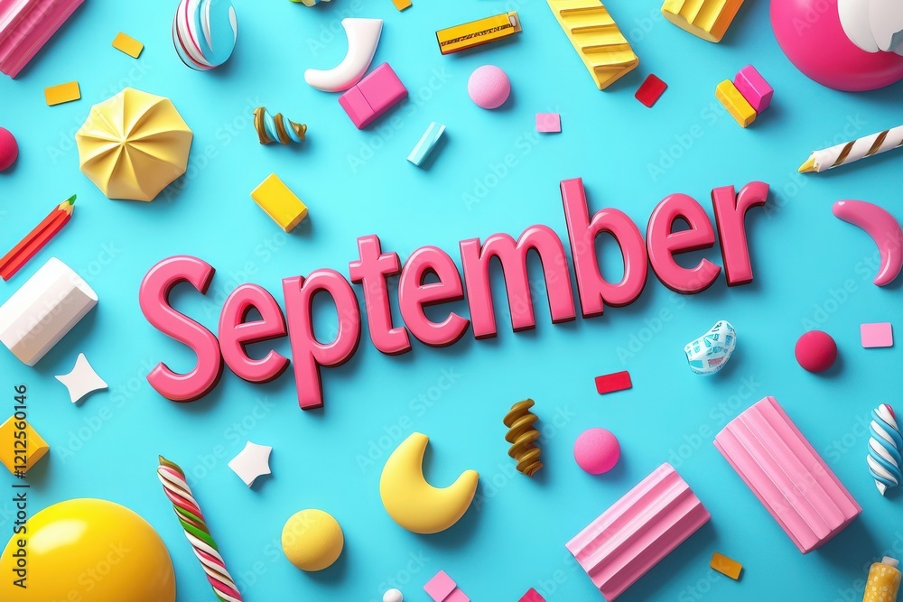Colorful shapes and designs fill the space, highlighting the word September in bold pink letters. Various candies and decorative items are scattered around on a bright blue background.