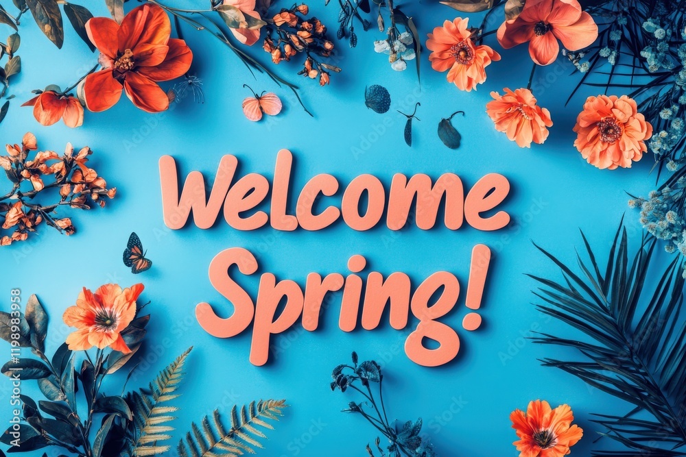 Colorful spring flowers, butterflies, and leaves are arranged around the bold text welcoming the season. The bright blue background enhances the floral beauty, creating a joyful atmosphere.
