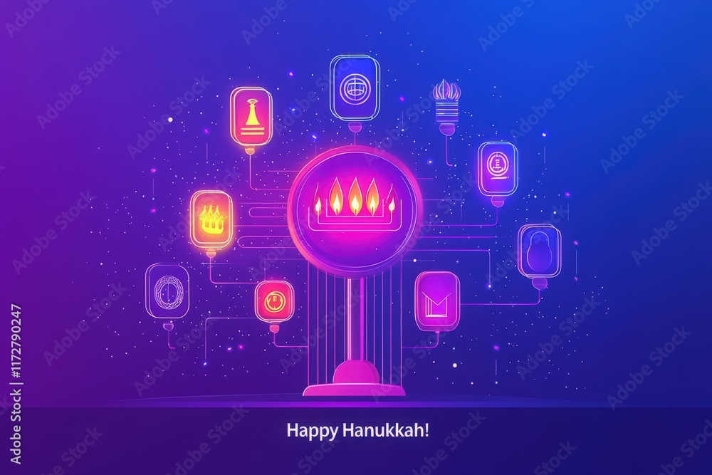 Colorful symbols representing Hanukkah surround a bright menorah, illuminating the festive atmosphere. This design conveys joy and tradition, celebrating the rich heritage of the festival.
