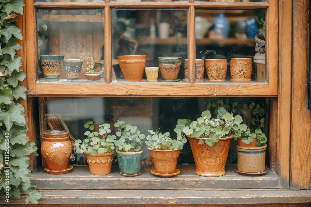 Colorful terracotta pots filled with lush green plants create a vibrant display in a rustic window. The wooden frame and detailed carvings add to the inviting atmosphere of this quaint location.