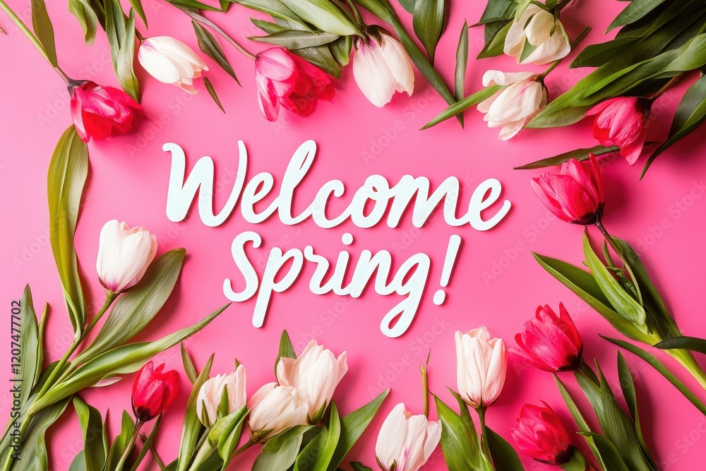 Colorful tulips in shades of pink and white surround cheerful text celebrating the arrival of spring, set against a vivid pink backdrop. Freshness and joy are captured in this seasonal display.
