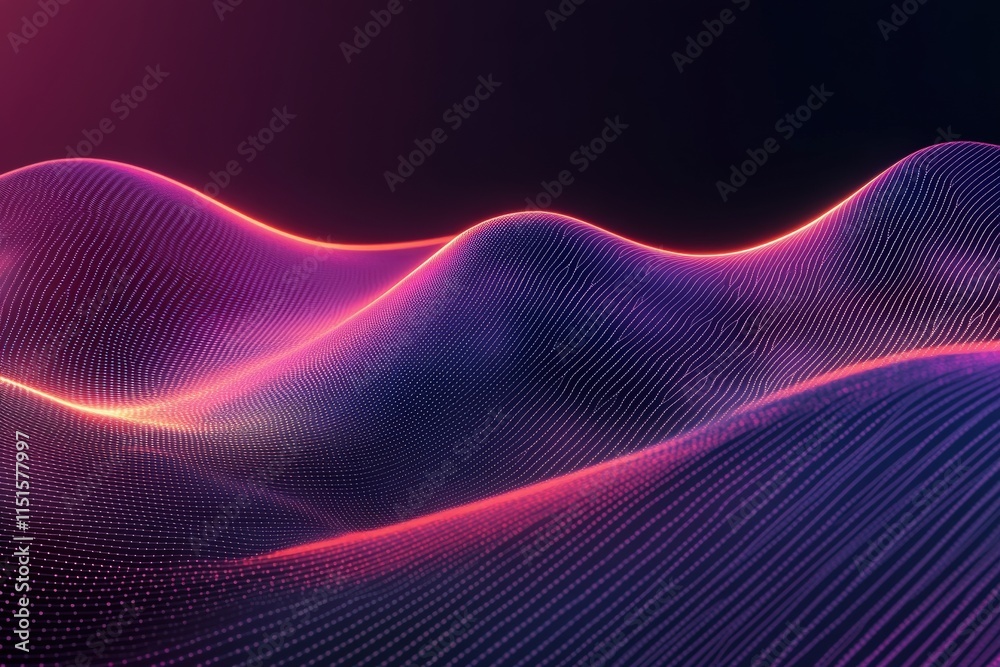 Colorful wave patterns flow seamlessly across the surface, illuminated by neon hues of pink and purple. This digital art piece captures depth and movement in an abstract design.