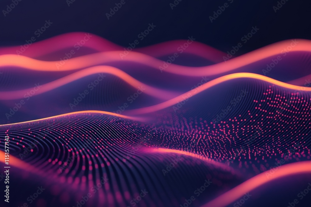Colorful waves create a dynamic landscape of glowing patterns, showcasing vivid purple and orange hues against a dark backdrop. This design features intricate lines and dots for added depth.