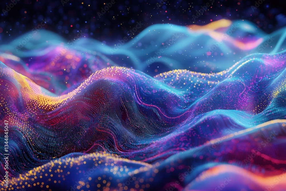 Colorful waves of light undulate in a dark space, creating an immersive scene filled with glowing particles. The vibrant hues of blue, purple, and orange blend together, forming an enchanting display.